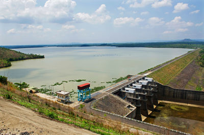 High angle view of river amidst field against sky