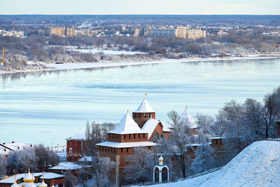 High angle view of buildings against sky during winter