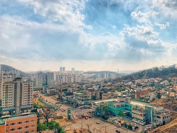 High angle view of buildings in city