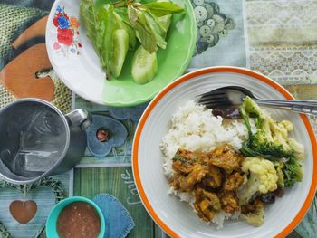 High angle view of meal served on table