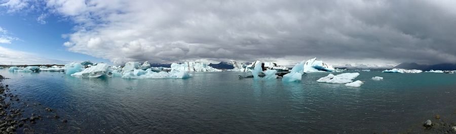 Panoramic view of frozen lake against sky