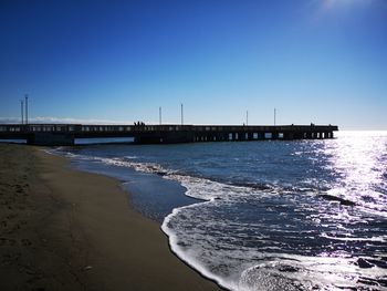 Scenic view of beach against clear blue sky