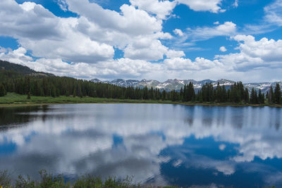 Scenic view of lake by trees against sky