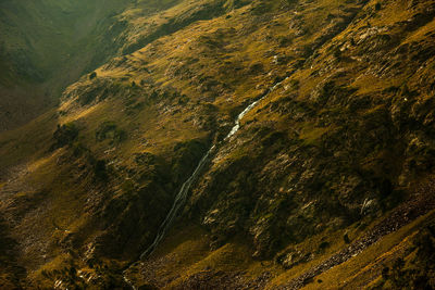 From above of narrow curvy stream running through rough rocky mountain slope in summertime in pyrenees