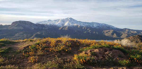 Scenic view of mountain range against sky