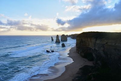 Scenic view of beach against sky during sunset