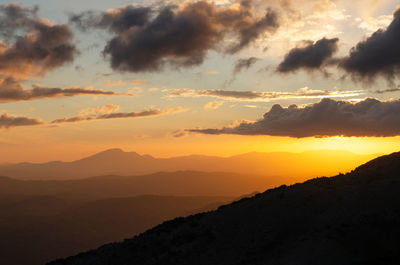 Scenic view of silhouette mountains against sky during sunset