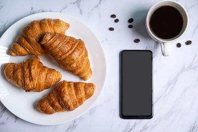 High angle view of breakfast served on table