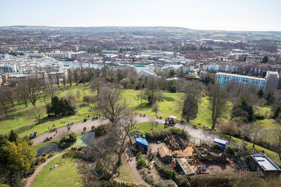 High angle view of cityscape against sky