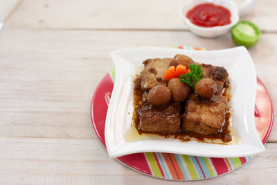 High angle view of food in plate on table