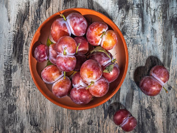 High angle view of fruits in bowl on table