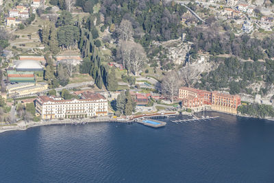 High angle view of river by buildings in city