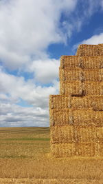 Straw wall on field against sky