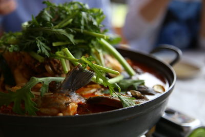 Close-up of soup in bowl on table