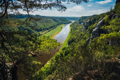 Germany. view from the bastei rock formation down the elbe river. visiting saxon switzerland 