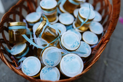 High angle view of bottles on table