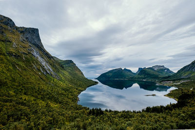 Scenic view of lake and mountains against sky