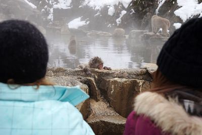 Rear view of people on rock by hot spring 