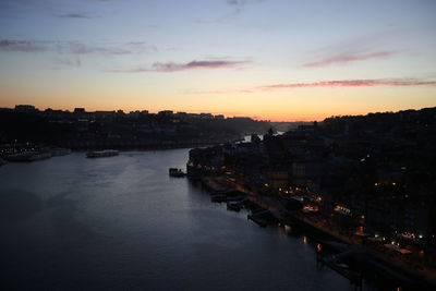 High angle view of river amidst buildings in city at sunset