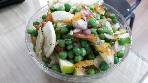 High angle view of salad in bowl on table