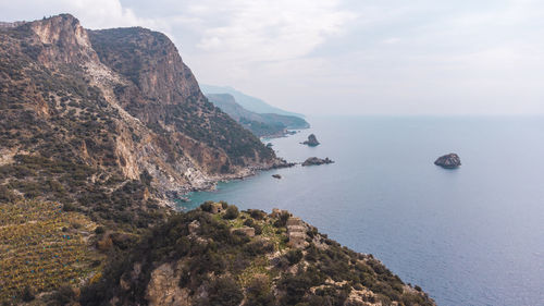 Aerial view of ancient ruins and a beautiful natural bay