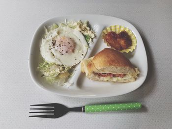 High angle view of breakfast served on table