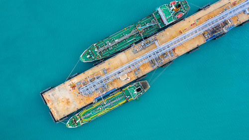 High angle view of container ship in sea