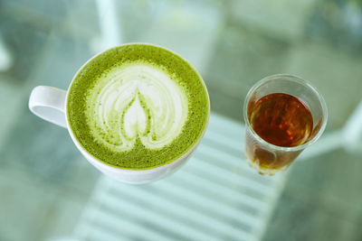 High angle view of drink on table