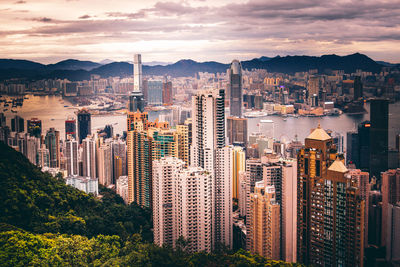 High angle view of modern buildings against sky in city