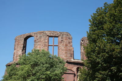 Low angle view of abandoned building against clear blue sky