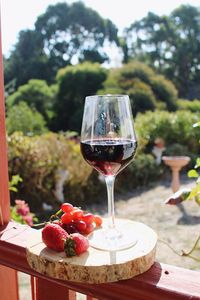 Close-up of wineglass by fruits on railing