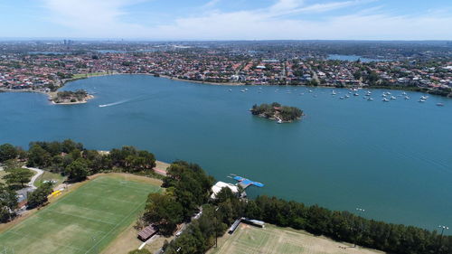 Aerial view of city by river