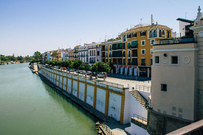 View of buildings by river against clear sky