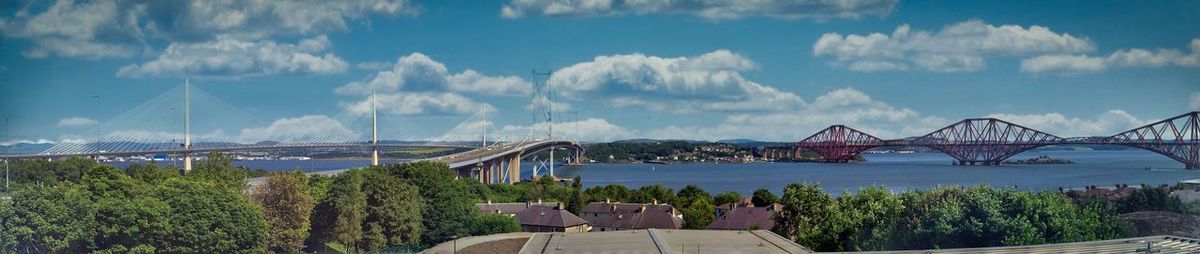 Panoramic view of bridge over river against cloudy sky