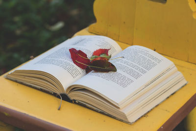 Close-up of open book on table
