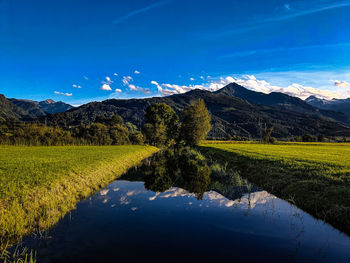 Scenic view of lake against blue sky