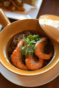 High angle view of soup in bowl on table