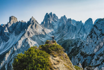 Panoramic view of mountain range against clear sky