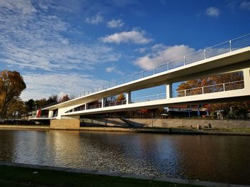 Bridge over river against sky in city