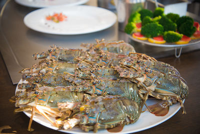 High angle view of food served on table