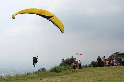 Hot air balloon over landscape