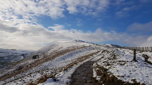 Snow covered landscape against sky