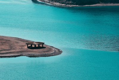 High angle view of sea seen from side mountain for a lonely hut inside the water