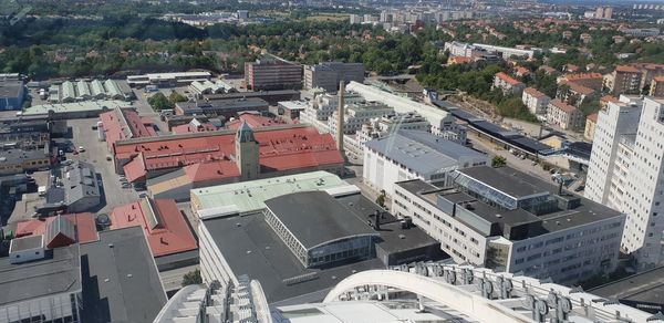 High angle view of townscape against city