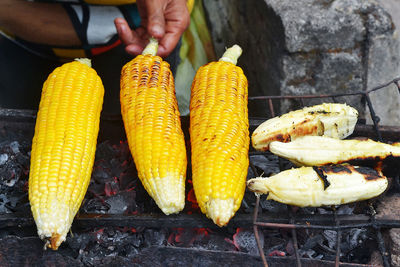 Close-up of man preparing food on barbecue grill