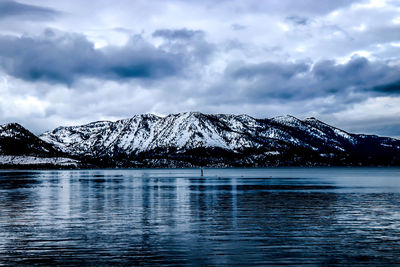 Scenic view of lake and snowcapped mountains against sky