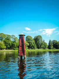 Scenic view of lake against blue sky