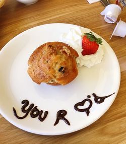 High angle view of cake in plate on table