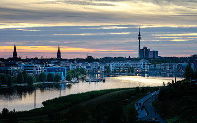 Buildings in city at sunset