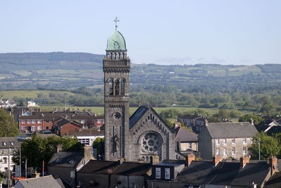 High angle view of buildings against sky in city